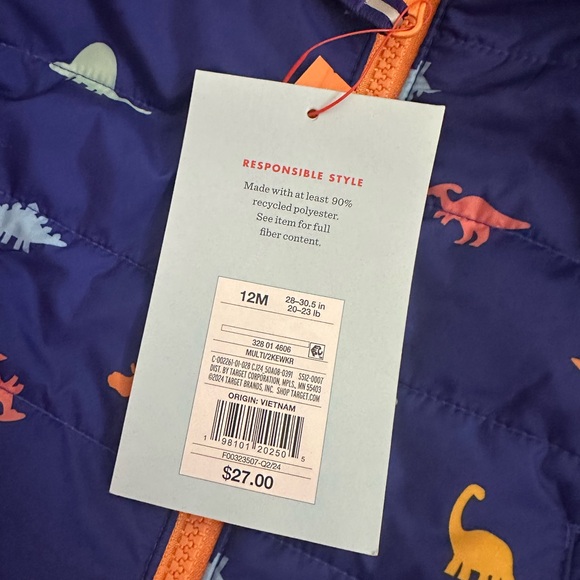 NWT Cat & Jack 12m reversible puffer Jacket with Dinosaur Print - Picture 4 of 6
